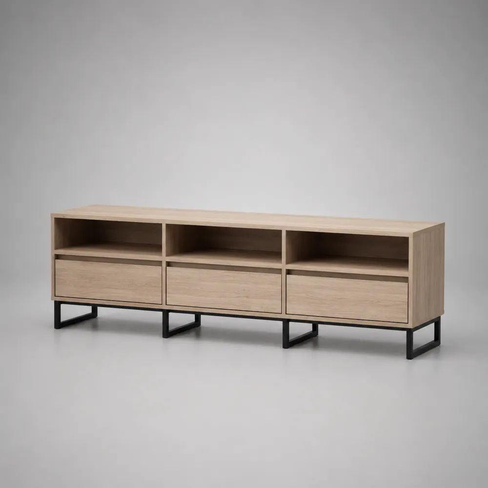 Mobile porta TV basso rettangolare in legno effetto rovere naturale e metallo nero, con 3 cassetti e 3 vani aperti, 180 x 40 x 60 cm