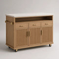Isola da cucina mobile rettangolare in legno con piano in pietra bianca, 120 cm (130 cm con barra) x 50 x 95 cm