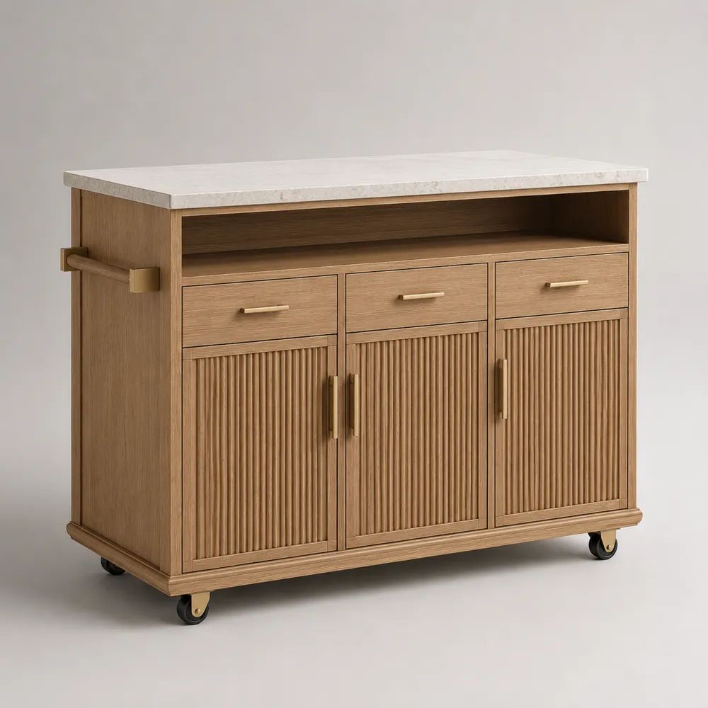 Isola da cucina mobile rettangolare in legno con piano in pietra bianca, 120 cm (130 cm con barra) x 50 x 95 cm