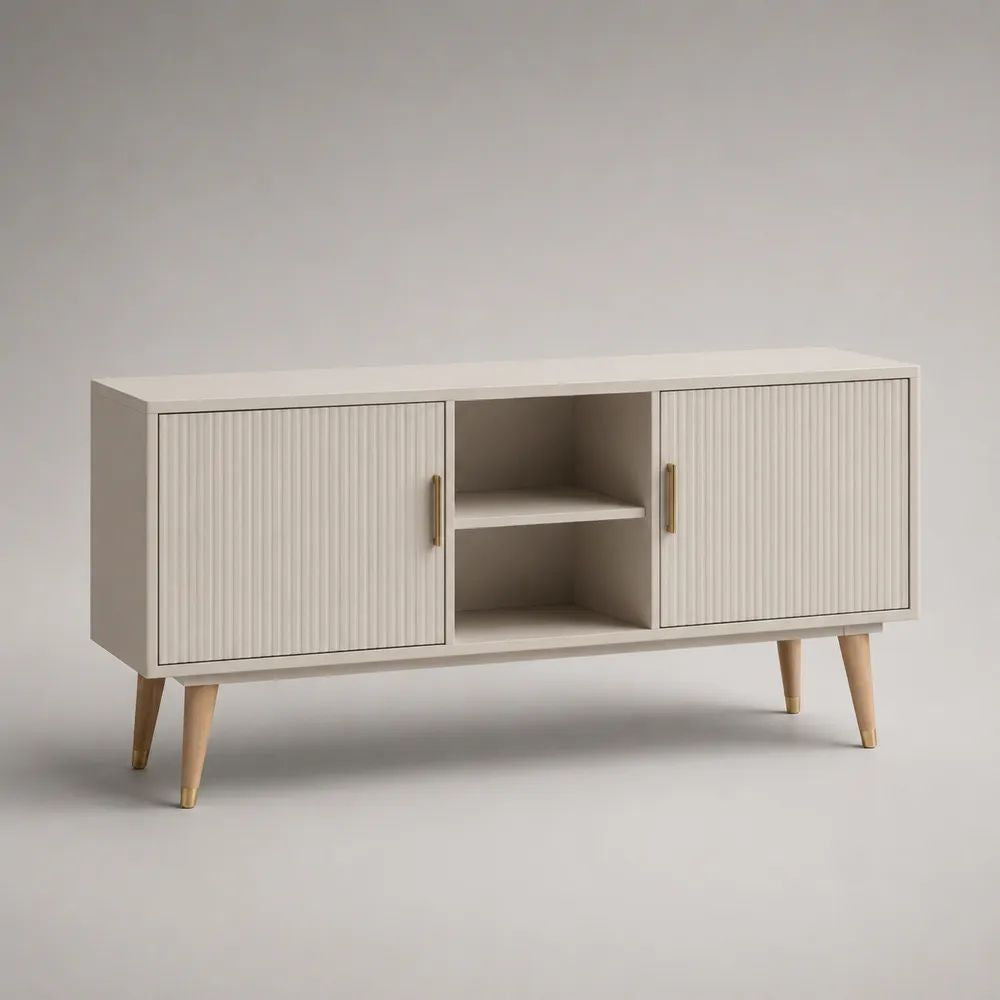 Mobile porta TV basso in MDF con 2 ante scanalate e ripiani, 120 × 40 × 70 cm, bianco crema, legno naturale e dettagli oro