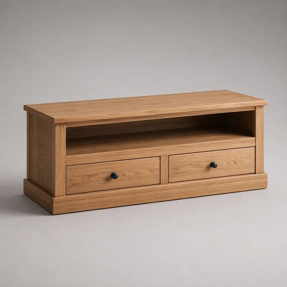 Mobile TV basso rettangolare in MDF effetto rovere naturale con 2 cassetti e vano aperto, 120 x 40 x 55 cm