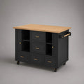 Isola da cucina mobile rettangolare in legno con piano in legno massello, 5 cassetti, 2 ante e 4 ruote, nero e rovere naturale, 120 x 55 x 90 cm