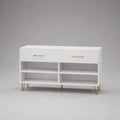 Scarpiera rettangolare in MDF e acciaio con 2 cassetti e 4 vani, bianco e oro, 120 x 30 x 80 cm