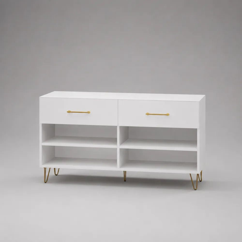 Scarpiera rettangolare in MDF e acciaio con 2 cassetti e 4 vani, bianco e oro, 120 x 30 x 80 cm
