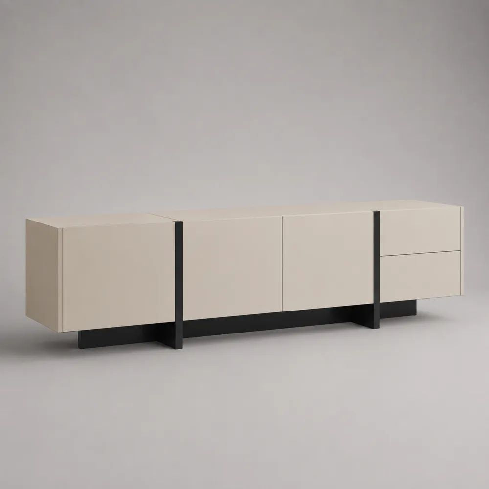 Mobile TV basso rettangolare in MDF e acciaio beige e nero, 220 × 40 × 60 cm