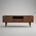 Mobile TV rettangolare in legno e metallo con 2 ante, 1 cassetto e vano aperto, marrone noce/nero/ottone, 160 x 40 x 65 cm