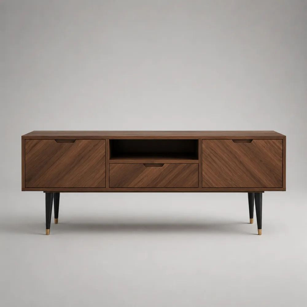 Mobile TV rettangolare in legno e metallo con 2 ante, 1 cassetto e vano aperto, marrone noce/nero/ottone, 160 x 40 x 65 cm