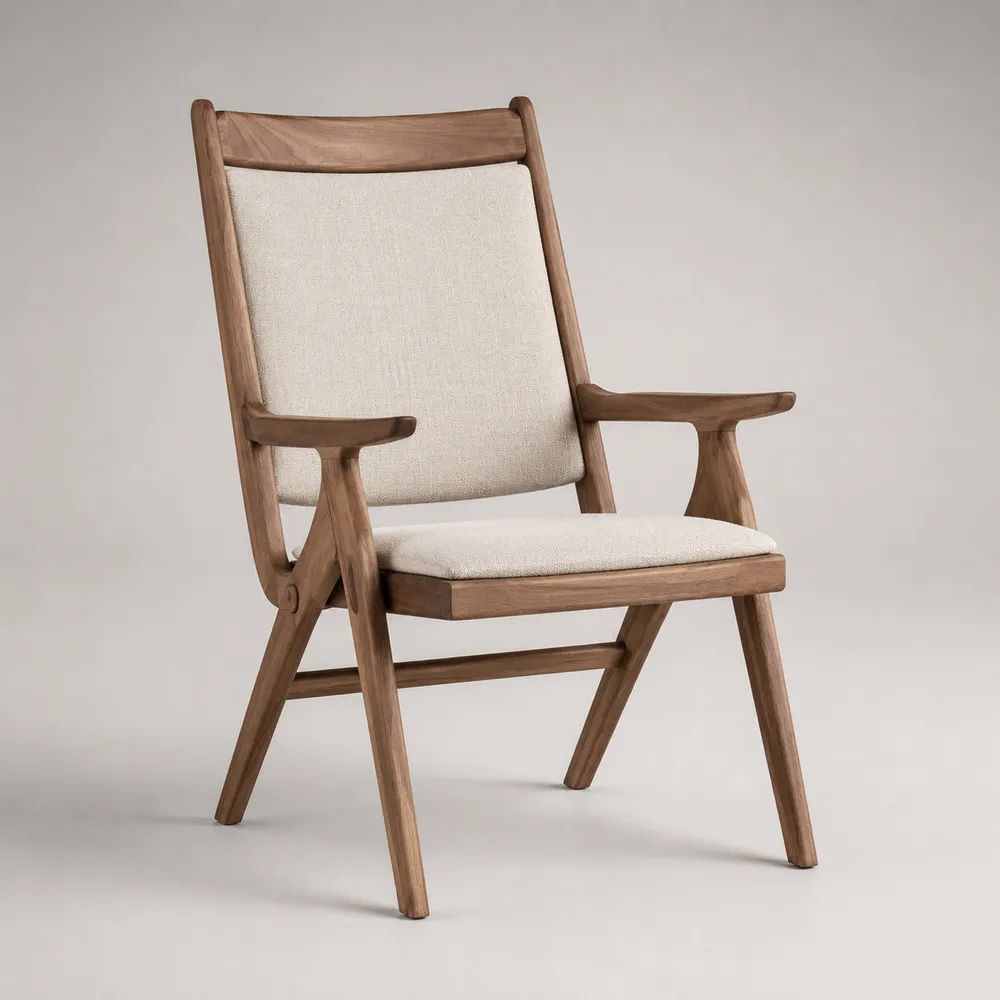 Poltrona da giardino con braccioli in legno massello e tessuto beige, 66 x 74 x 93 cm