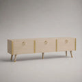 Mobile TV basso rettangolare in MDF impiallacciato beige con 3 ante e dettagli dorati, 180 x 40 x 60 cm