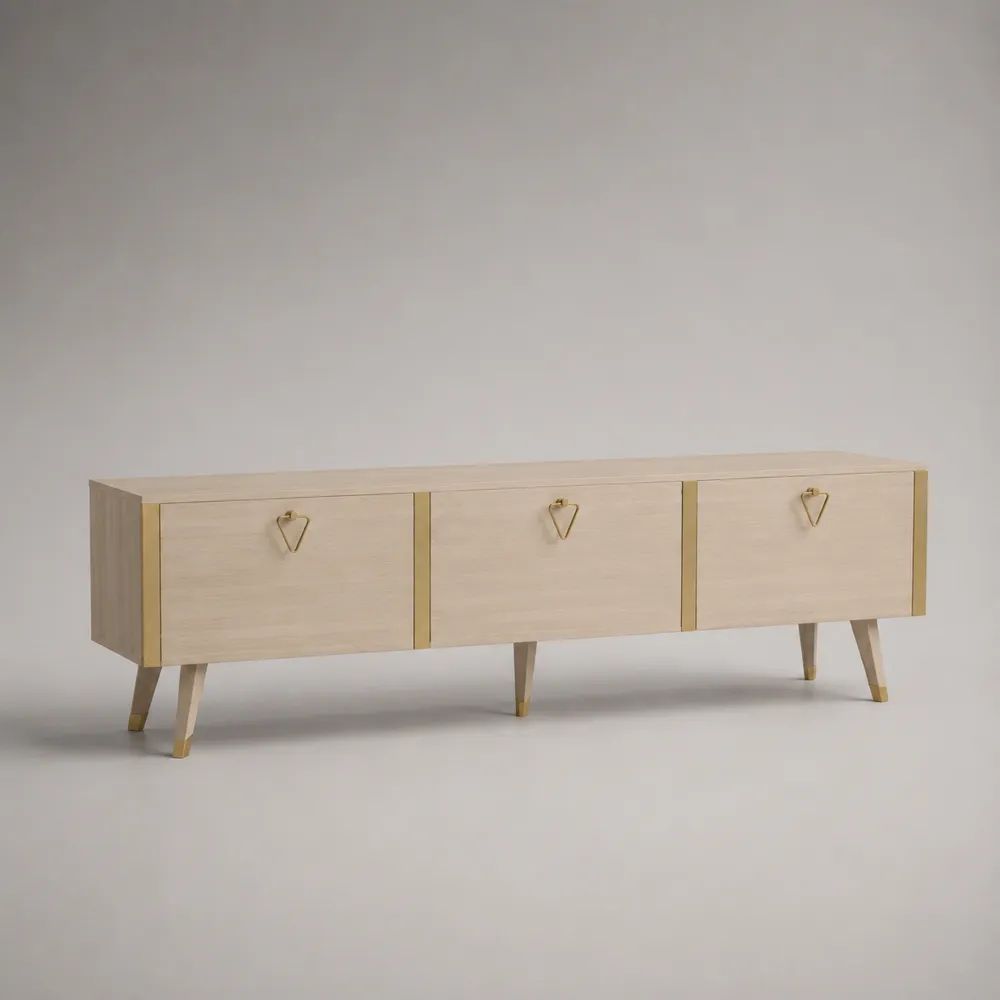 Mobile TV basso rettangolare in MDF impiallacciato beige con 3 ante e dettagli dorati, 180 x 40 x 60 cm