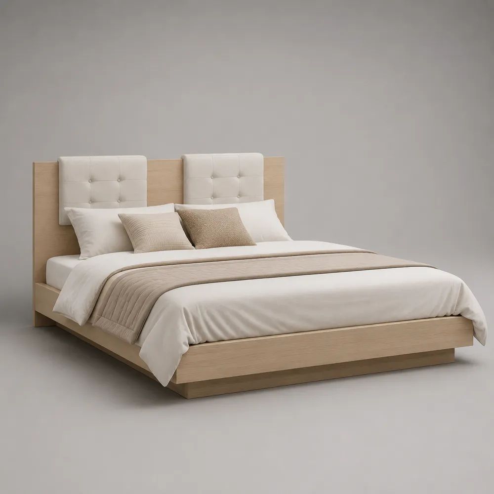 Letto matrimoniale 160 x 200 cm in legno con testiera imbottita in tessuto, rovere chiaro e avorio