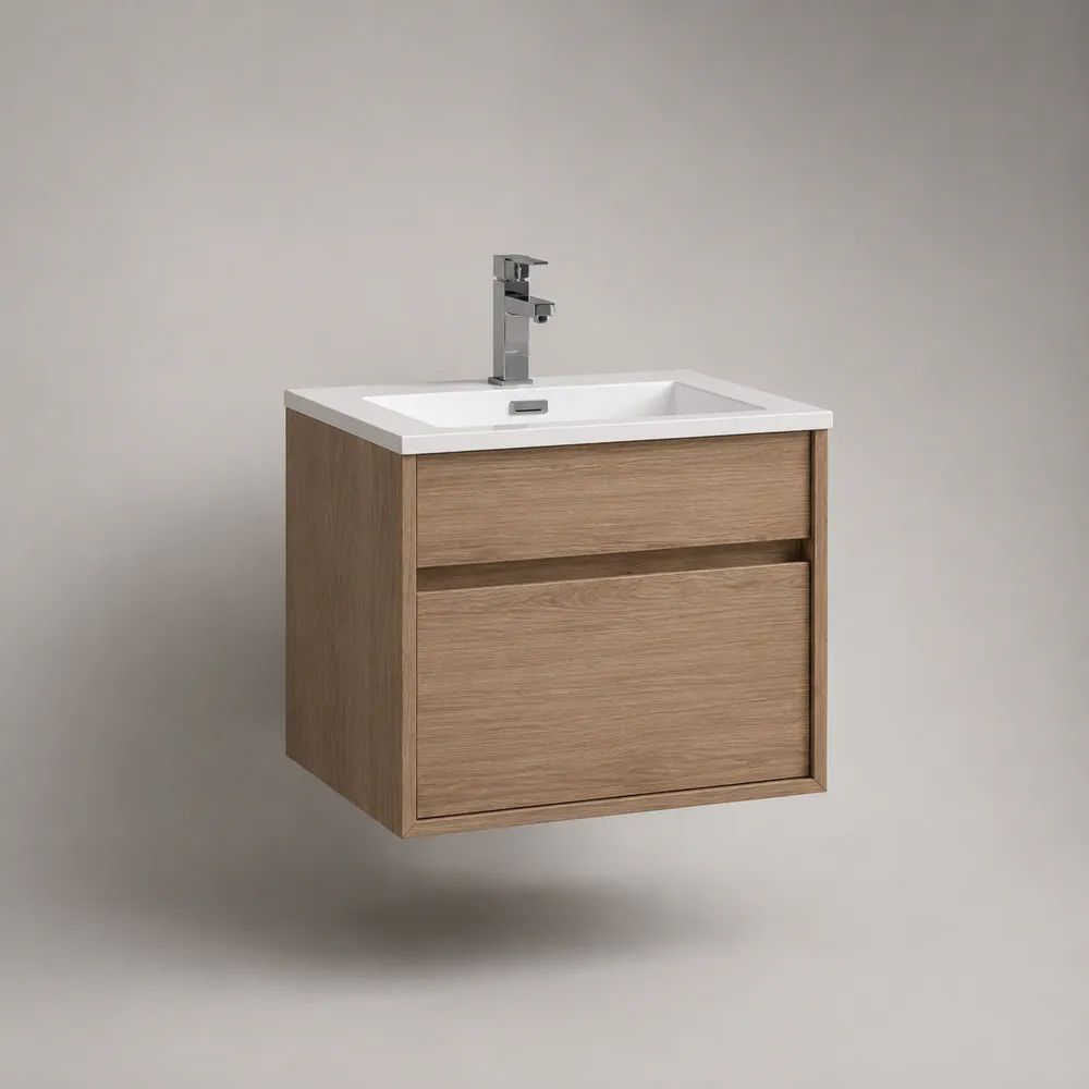 Set mobile bagno sospeso 2 pezzi in legno rovere chiaro con lavabo rettangolare in ceramica bianca e 2 cassetti, 60 x 46 x 56 cm