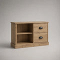 Mobile TV rettangolare in pannello truciolare effetto rovere naturale con 2 cassetti e 2 vani aperti, 90 x 40 x 70 cm