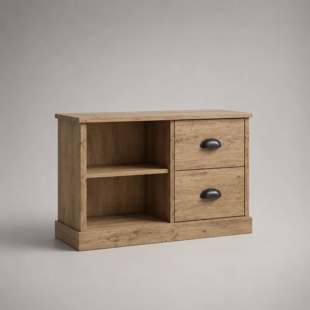 Mobile TV rettangolare in pannello truciolare effetto rovere naturale con 2 cassetti e 2 vani aperti, 90 x 40 x 70 cm