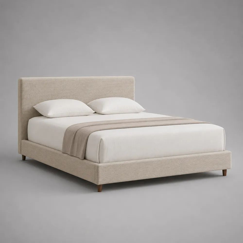 Letto matrimoniale imbottito in tessuto beige con testiera e rete a doghe, 176 x 218 x 110 cm, per materasso 160 x 200 cm