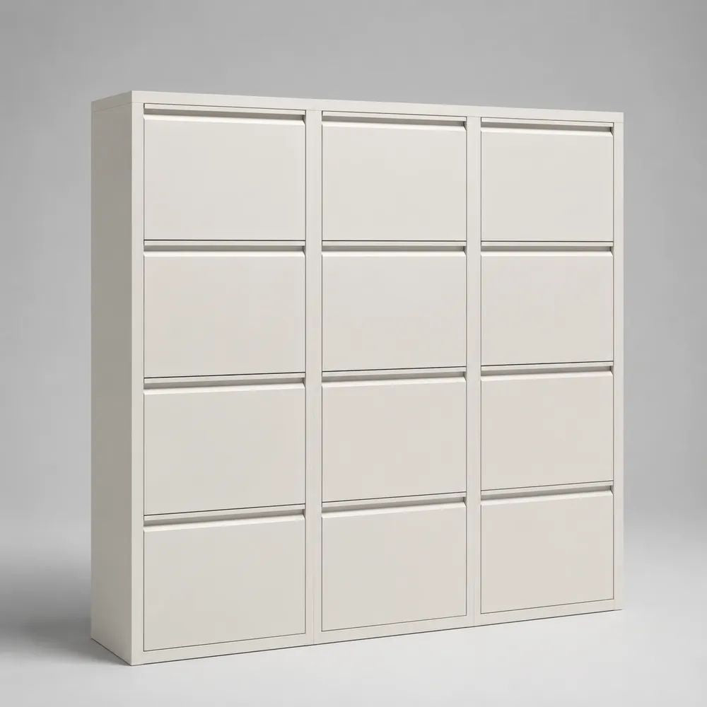 Scarpiera salvaspazio in acciaio bianco con 12 ante ribaltabili, 150 x 20 x 160 cm