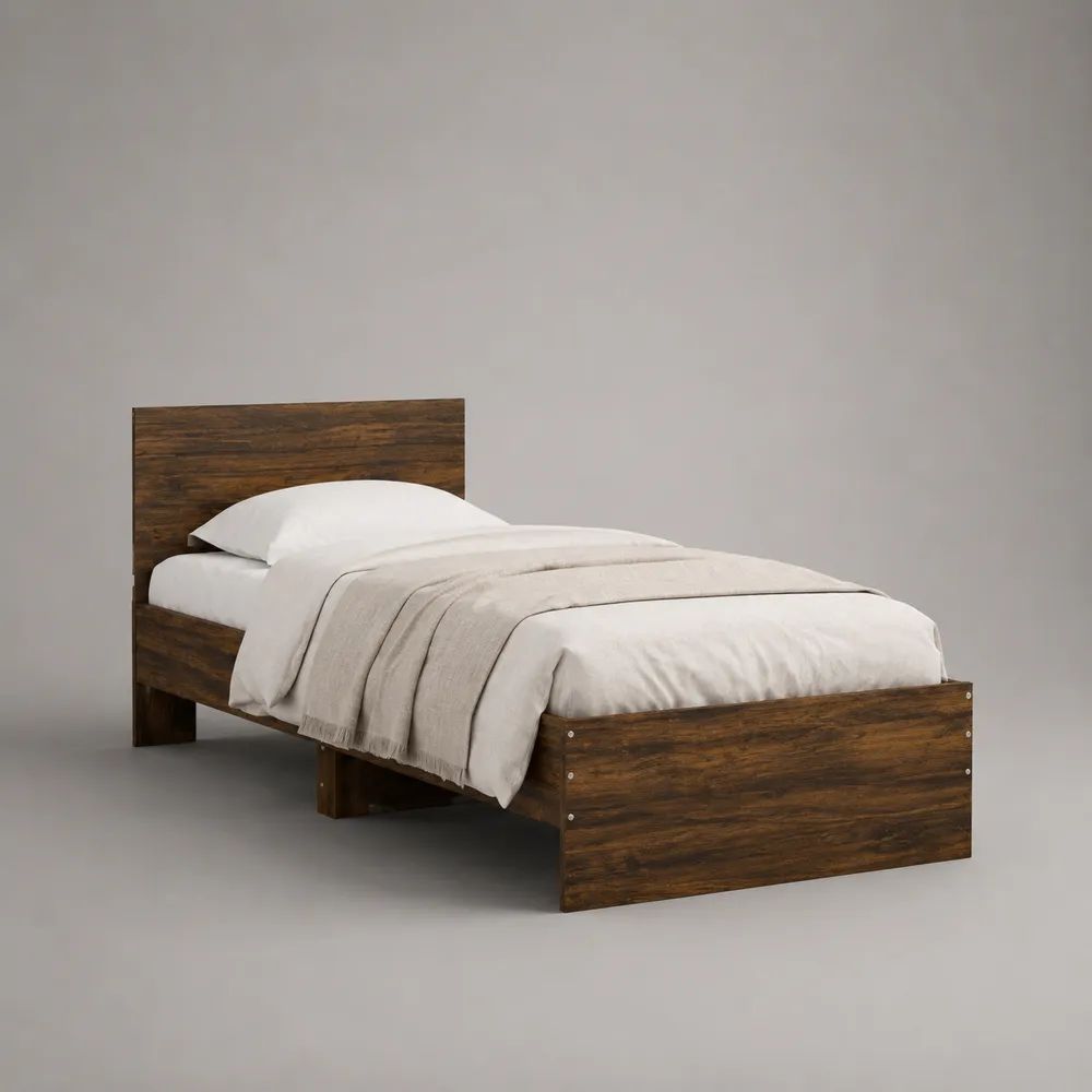Letto singolo 90 x 200 cm in pannelli truciolari melaminici marrone scuro con testiera e doghe