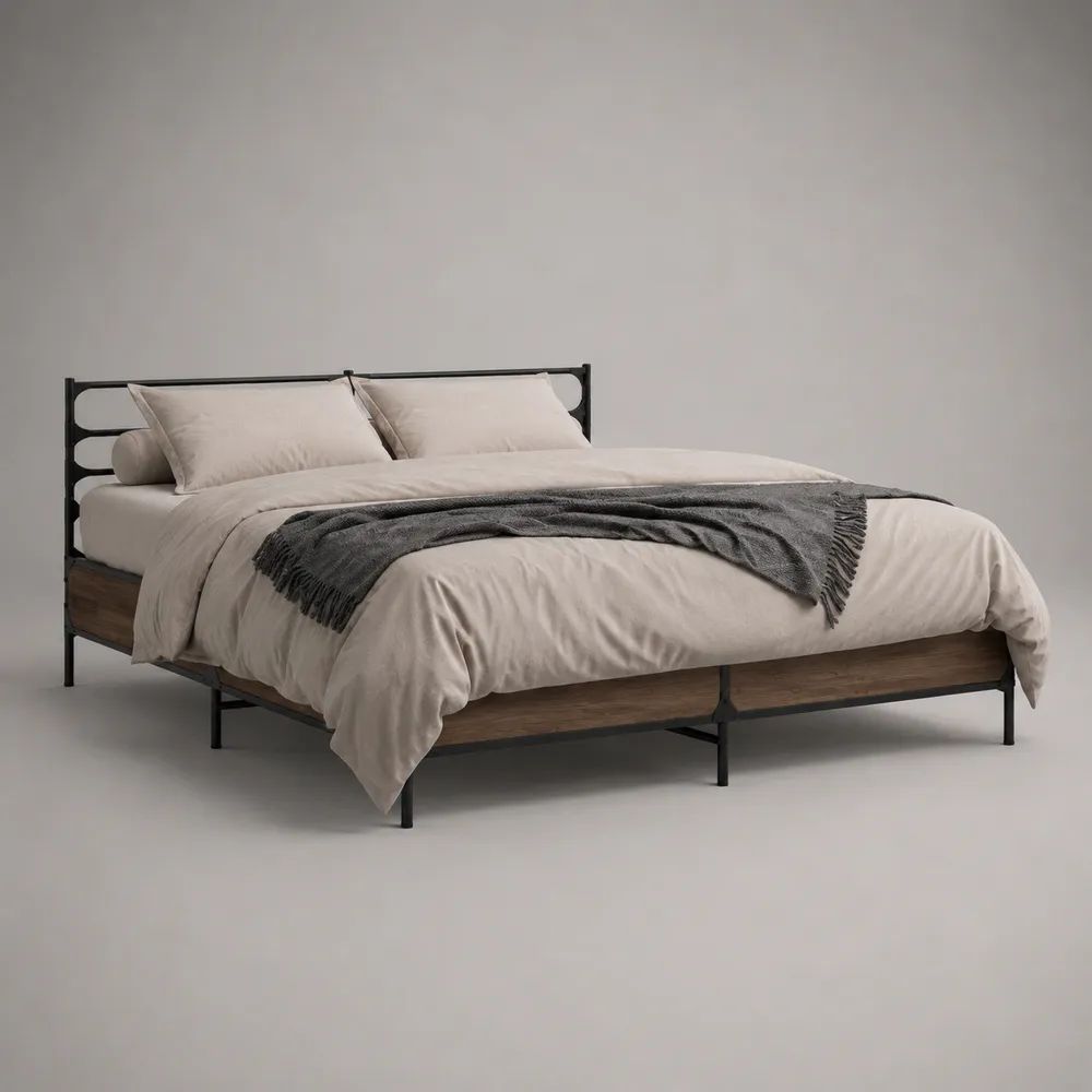 Letto matrimoniale 160 x 200 cm con telaio in acciaio e pannelli in MDF, nero e noce