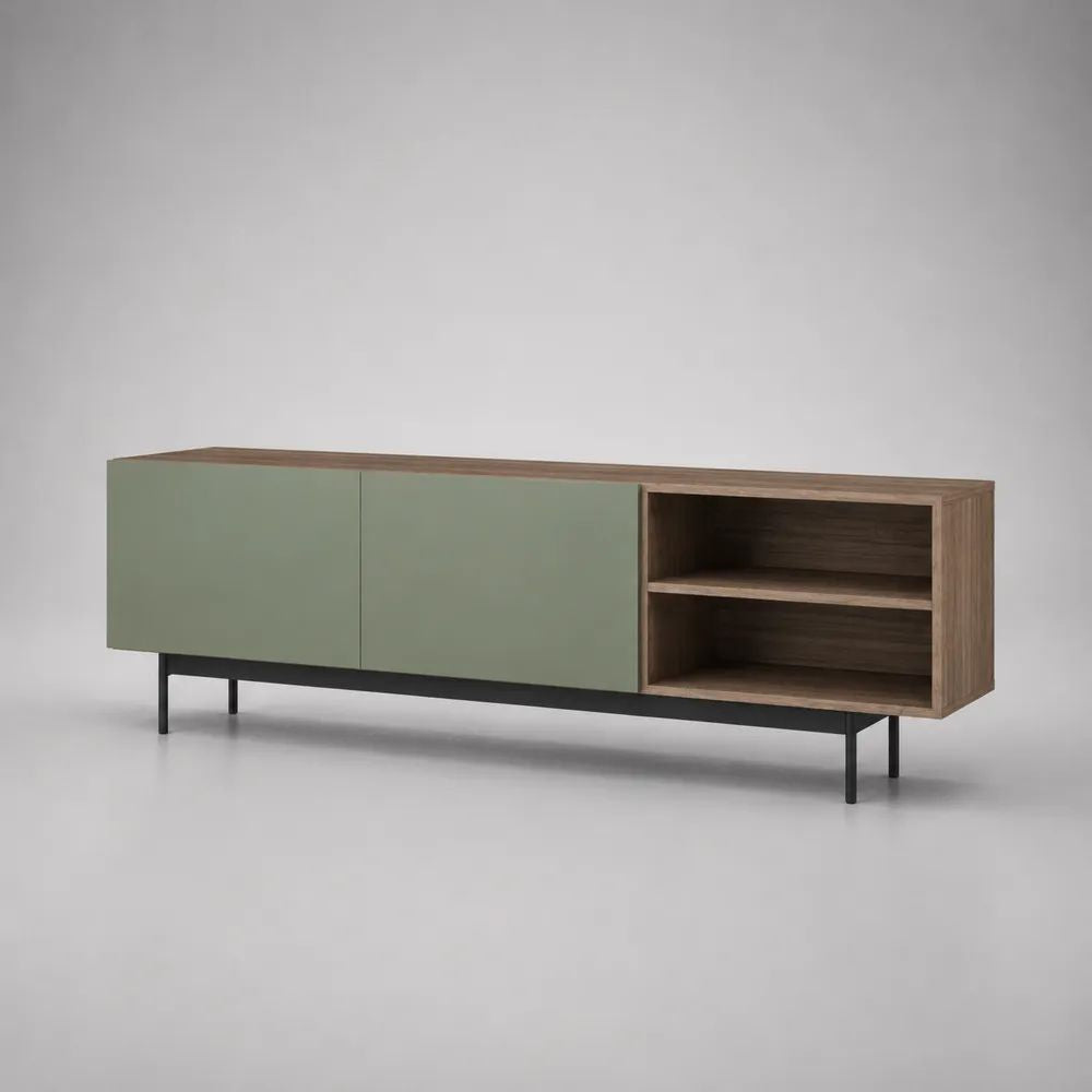 Mobile TV basso in pannello truciolare e MDF con 2 ante e 2 vani aperti, verde salvia, noce e nero, 180 × 40 × 62 cm