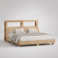 Letto matrimoniale rettangolare 180 x 200 cm in legno massello di pino naturale con testiera libreria, 220 x 190 x 150 cm