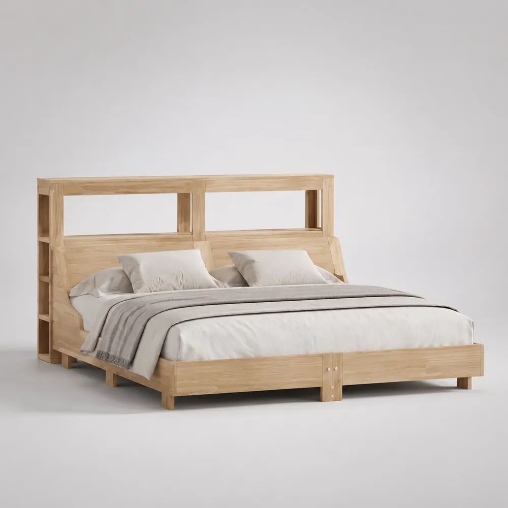 Letto matrimoniale rettangolare 180 x 200 cm in legno massello di pino naturale con testiera libreria, 220 x 190 x 150 cm