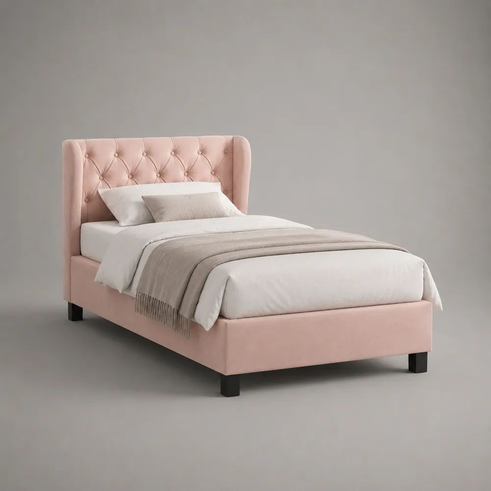 Letto matrimoniale imbottito con rete 160 x 200 cm in velluto rosa cipria e testiera capitonné