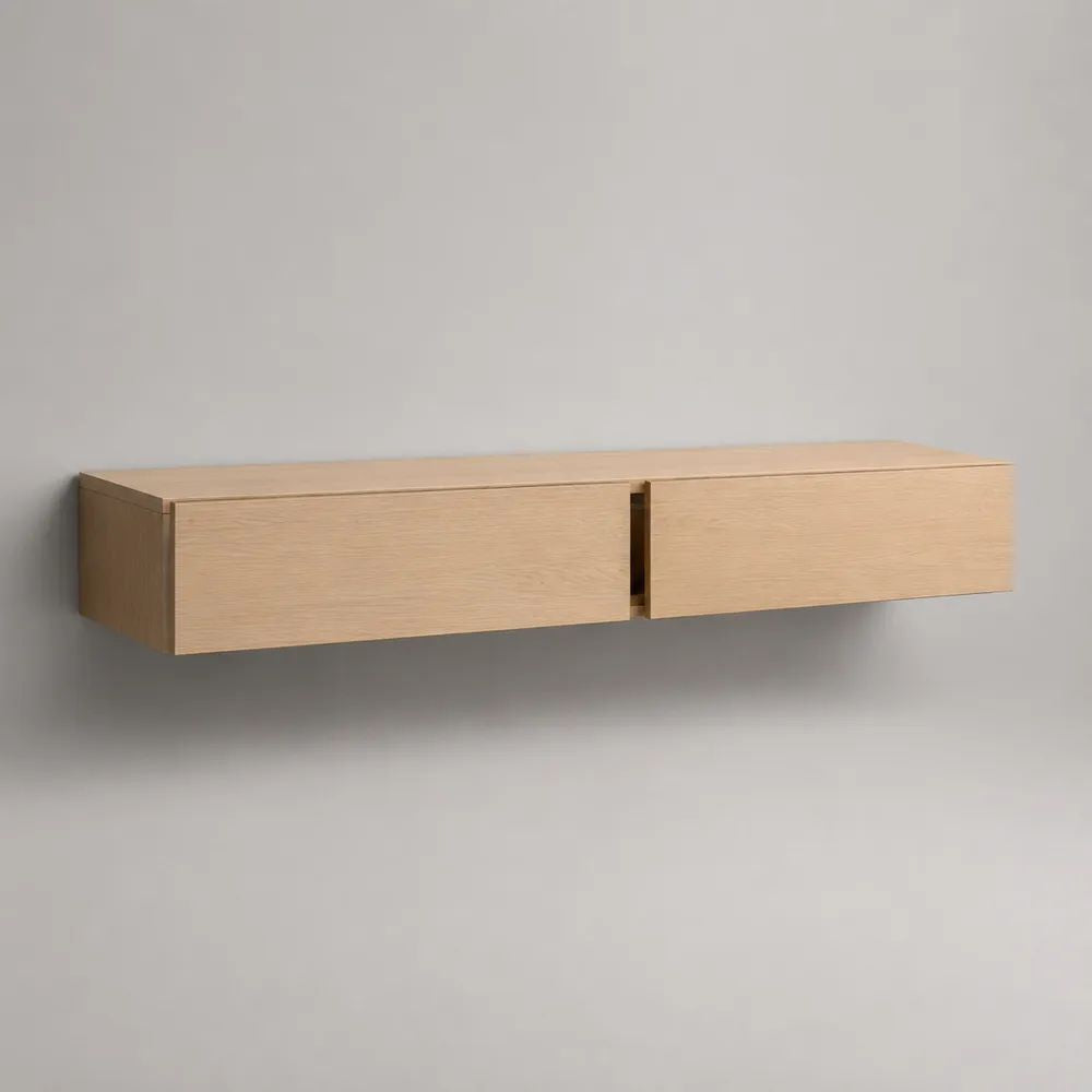 Mobile TV sospeso rettangolare in legno, rovere naturale, 160 x 35 x 30 cm, con 2 ante a ribalta