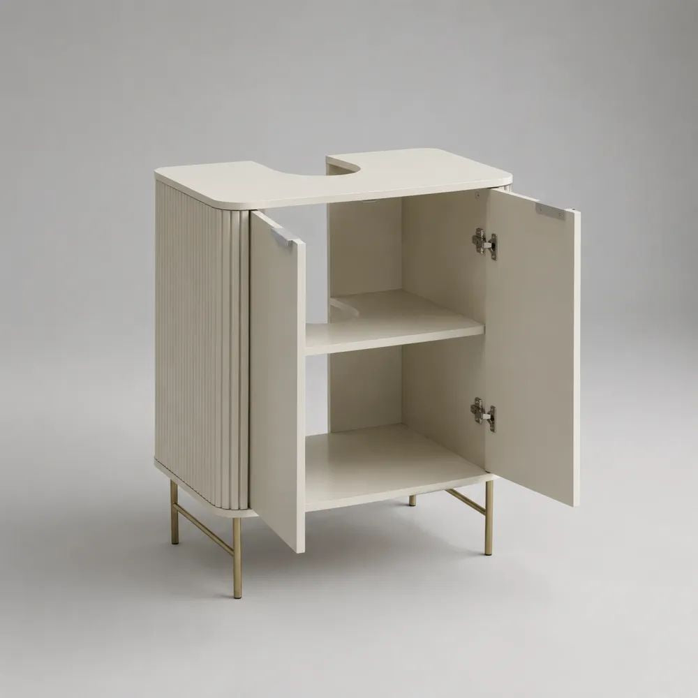 Mobile sottolavabo da bagno in MDF con 2 ante e ripiano, bianco avorio e oro, 60 x 30 x 70 cm