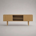 Mobile TV rettangolare in legno con 2 ante scanalate e vani aperti, rovere naturale, 160 × 40 × 65 cm