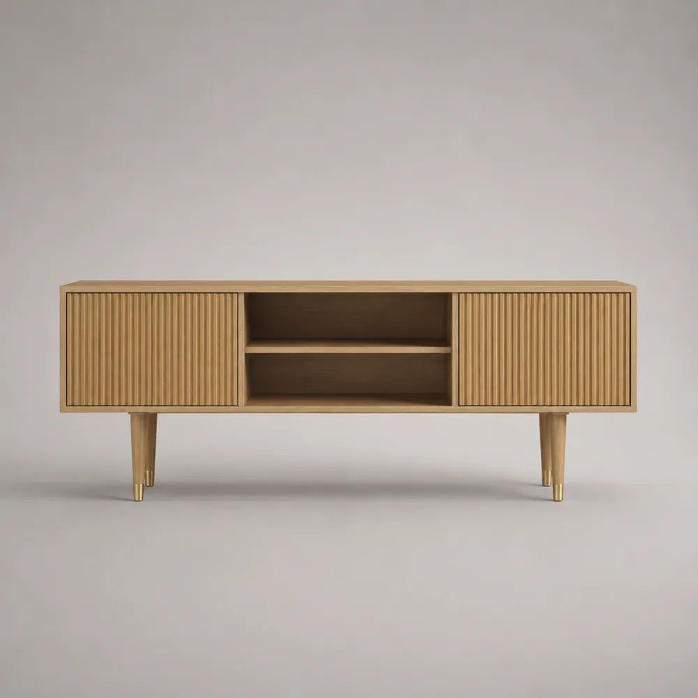 Mobile TV rettangolare in legno con 2 ante scanalate e vani aperti, rovere naturale, 160 × 40 × 65 cm