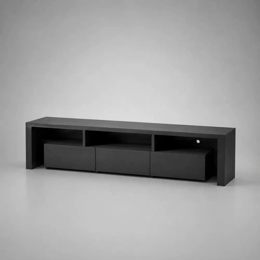 Mobile TV basso rettangolare in pannello truciolare nero opaco 200 x 40 x 55 cm con 3 cassetti, 3 vani aperti e passacavi
