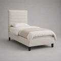 Letto singolo imbottito beige con testiera a pannelli, per materasso 90 x 200 cm, dimensioni 100 x 215 x 120 cm