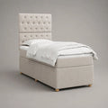 Set letto singolo imbottito in tessuto crema con materasso 90 x 200 cm e testiera capitonné, dimensioni 210 x 95 x 140 cm