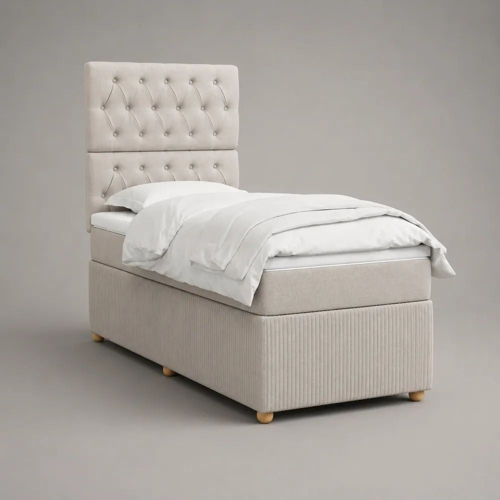 Set letto singolo imbottito in tessuto crema con materasso 90 x 200 cm e testiera capitonné, dimensioni 210 x 95 x 140 cm