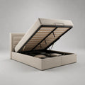 Letto matrimoniale contenitore 160 x 200 cm in tessuto beige con struttura in metallo e rete a doghe, 173 x 220 x 110 cm