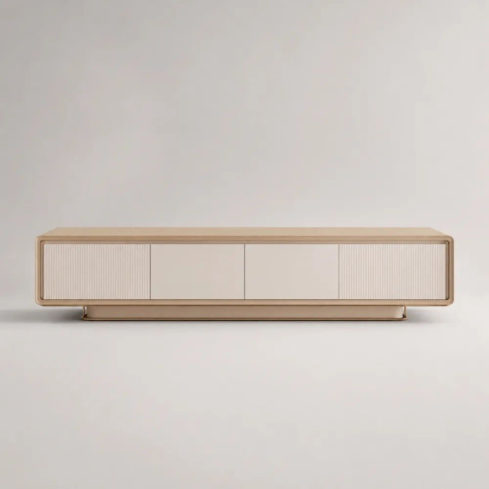Mobile TV basso in MDF e metallo con 4 ante, beige chiaro, avorio e oro champagne, 180 x 40 x 50 cm