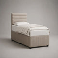 Letto singolo imbottito in tessuto beige 90 × 200 cm con testiera e rete a doghe