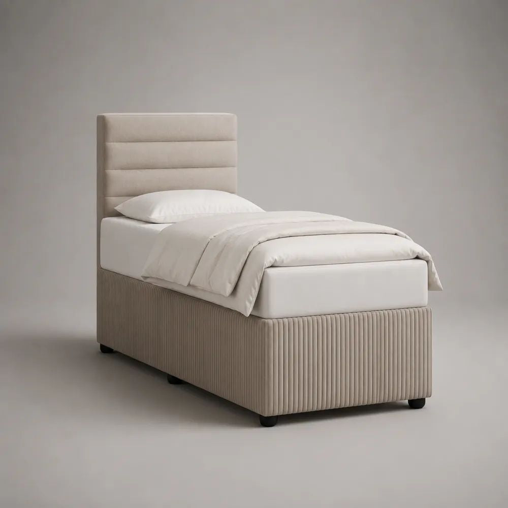 Letto singolo imbottito in tessuto beige 90 × 200 cm con testiera e rete a doghe