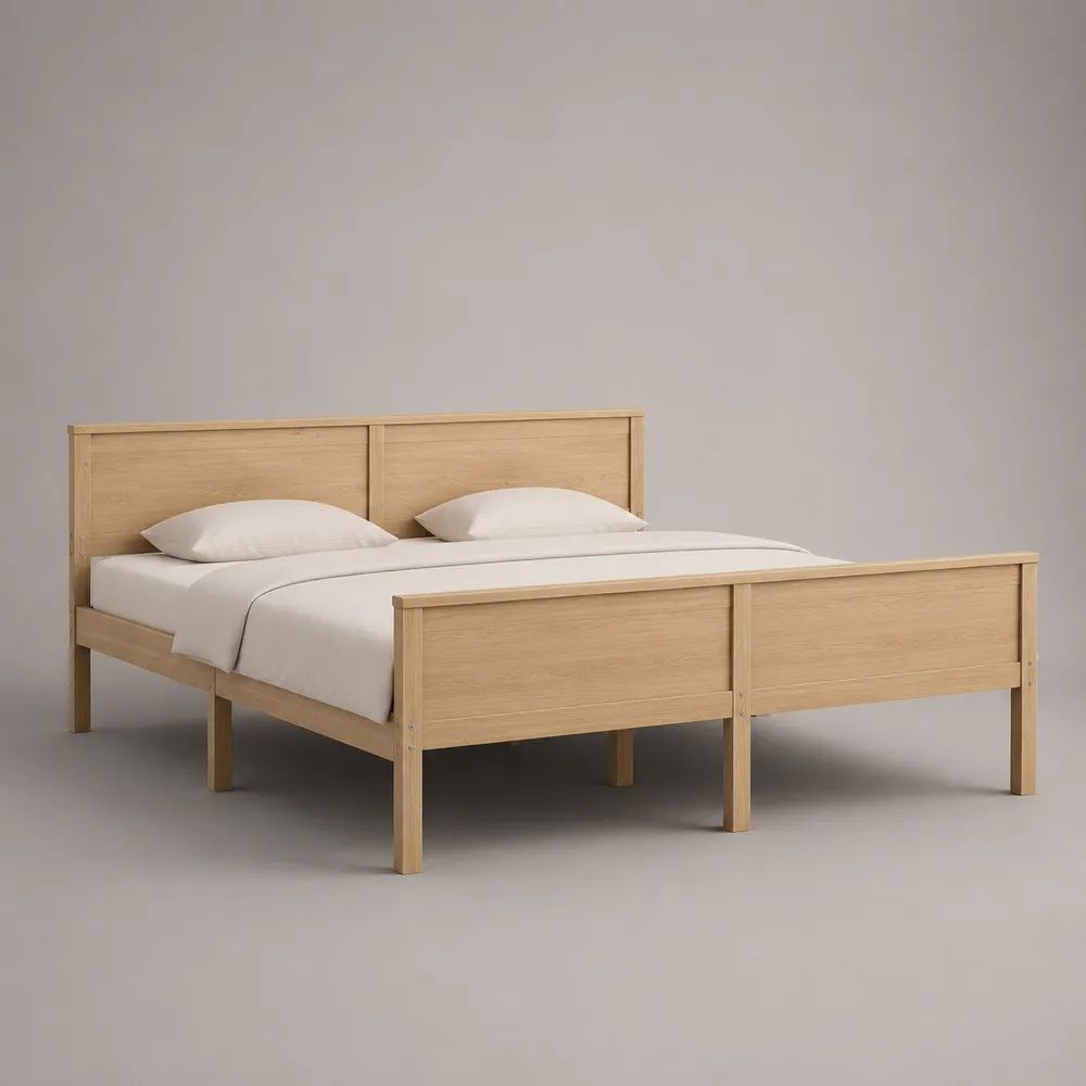 Letto matrimoniale rettangolare in legno 168 x 208 x 100 cm con rete a doghe, testiera e pediera, per materasso 160 x 200 cm, rovere naturale