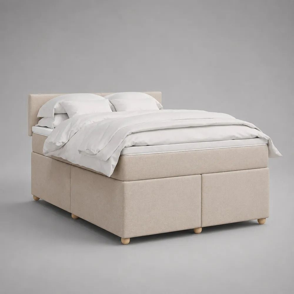 Letto boxspring matrimoniale beige con testiera imbottita e materasso 160 x 200 cm, dimensioni 170 x 210 x 105 cm