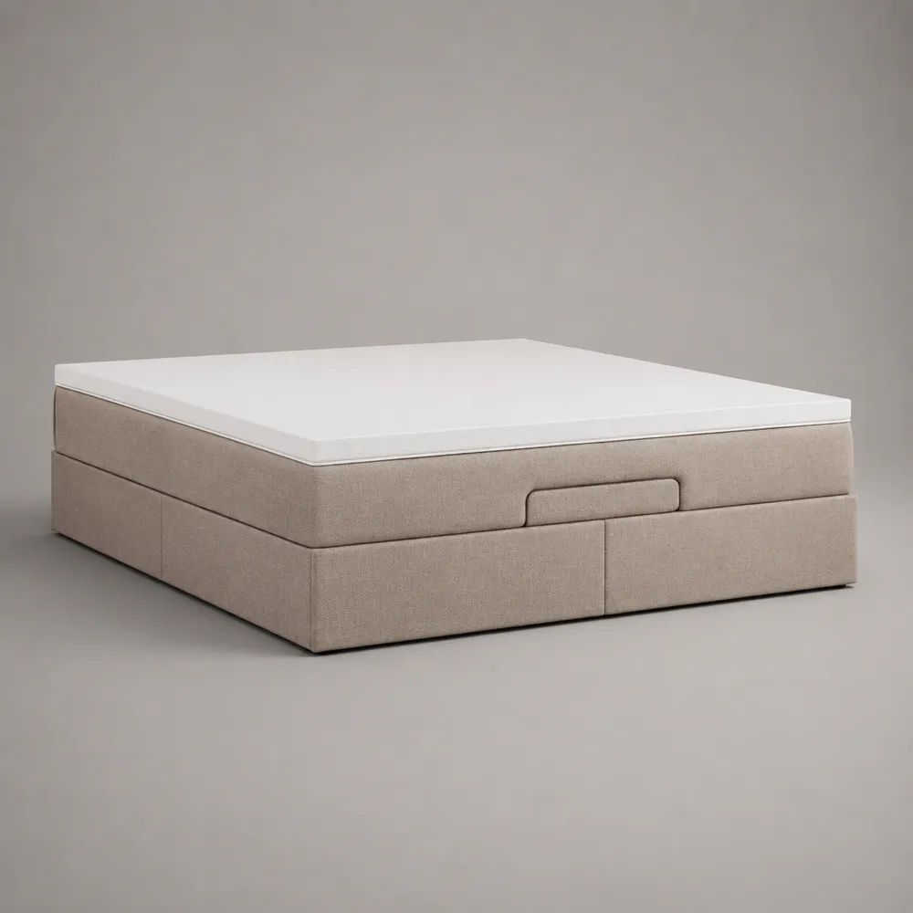Letto matrimoniale contenitore senza testiera rivestito in tessuto beige con materasso in schiuma bianco, 168 x 208 x 58 cm, superficie di riposo 160 x 200 cm