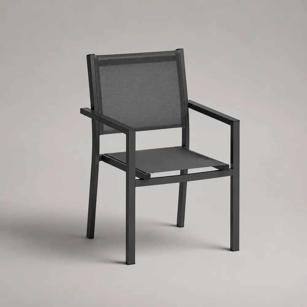 Sedia da giardino impilabile con braccioli in alluminio e rete, nero e grigio antracite, 56 x 60 x 89 cm