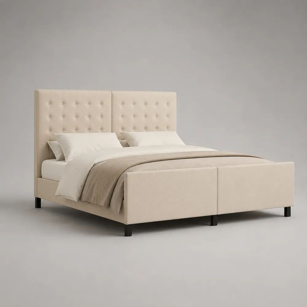 Letto matrimoniale imbottito 180 x 200 cm, set di 2 strutture singole in tessuto beige con testiere capitonné, 194 x 216 x 120 cm