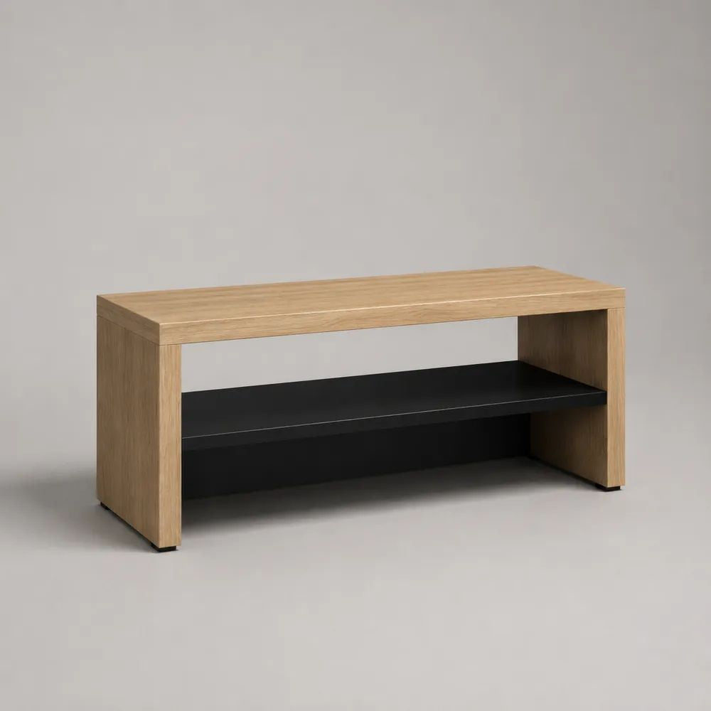 Scarpiera a panca rettangolare in truciolato melaminico rovere naturale e nero con ripiano, 100 × 35 × 50 cm